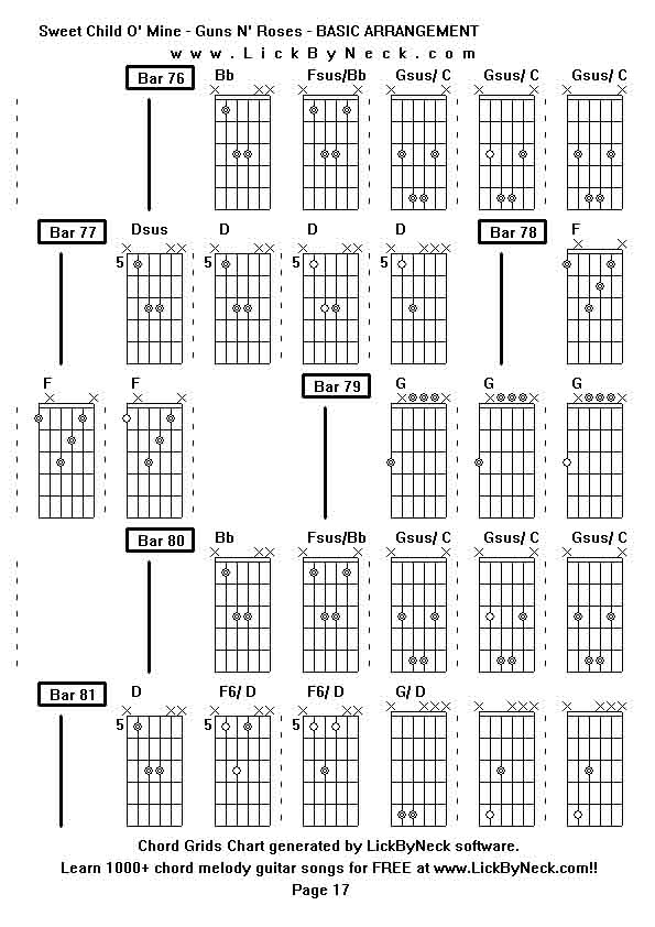 Chord Grids Chart of chord melody fingerstyle guitar song-Sweet Child O' Mine - Guns N' Roses - BASIC ARRANGEMENT,generated by LickByNeck software.